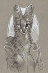 anthro areola breasts clothed clothing ears_up female halo jewelry looking_at_viewer necklace nipples open_clothing open_shirt open_topwear scar shirt simple_background smile solo topwear cadmiumtea felid feline mammal serval half-length_portrait hi_res monochrome portrait sepia traditional_media_(artwork)