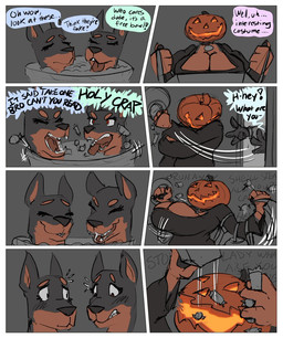 2_heads anthro argument big_breasts bouncing_breasts breasts candy clothing concern_for_partner dessert dialogue dress duo eating eating_candy female food for_a_head fruit holidays jack-o'-lantern laugh multi_head plant pumpkin pumpkin_head stealing text tight_clothing tight_dress trick-or-treating lowkey european_mythology halloween irish_mythology mythology lindsay_(lowkey) rosalin_(lowkey) canid canine canis dobermann domestic_dog dullahan mammal object_head pinscher two_headed_dog 2021 comic english_text hi_res