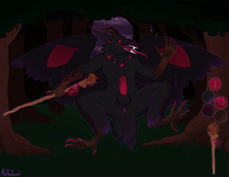 anthro antlers anus beak black_body black_feathers ear_piercing erection feathered_wings feathers genitals grass holding_object holding_staff horn humanoid_genitalia humanoid_penis jewelry male male_anthro necklace night nude nude_anthro nude_male open_mouth open_smile outside penis piercing plant red_penis smile solo spread_legs spreading staff tail tongue tongue_out tree wings meldritchhorror avian bird corvid corvus_(genus) demon oscine passerine raven 2017