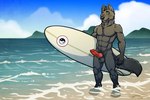 2016 4_toes 5_fingers abs animal_genitalia animal_penis anthro athletic athletic_anthro athletic_male balls beach biped black_balls black_body black_fur black_hair black_nose black_tail blue_sky canid canine canine_genitalia canine_penis canis claws cloud day detailed_background digital_media_(artwork) digitigrade erection feet fingers front_view full-length_portrait fur genitals hair hi_res holding_object knot landscape looking_at_viewer male mammal marshall_(echofireant) mountain nude one_eye_closed outside partially_submerged pecs penis pink_penis portrait sand sea seaside sheath signature sky smile solo standing surfboard surfer symbol tail toes tsaiwolf vehicle water watercraft wink wolf yellow_eyes yin_yang