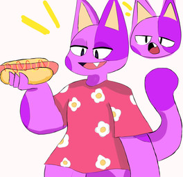 anthro clothing floral_print food holding_hot_dog hot_dog male male_anthro open_mouth open_smile purple_body purple_tail shirt silly simple_background smile solo tail topwear white_background christmeow animal_crossing nintendo bob_(animal_crossing) domestic_cat felid feline felis mammal 2023 digital_drawing_(artwork) digital_media_(artwork) hi_res
