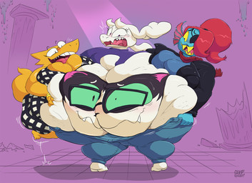 2_horns anthro big_butt biped blush bottomwear butt clothing eye_patch eyewear female glasses green_sclera group hair horn huge_butt hyper hyper_butt living_underwear male male/female open_mouth overweight pants red_hair short_tail tail text transformation underwear_tf white_body yellow_body gulpspooky undertale undertale_(series) abc_(abcfoolery) alphys toriel undyne animal_humanoid aquatic aquatic_humanoid bovid caprine domestic_cat felid feline felis fish fish_humanoid goat humanoid mammal reptile scalie 2025 english_text hi_res signature