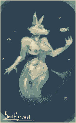 anthro big_breasts border breasts bubble female fin fully_submerged genitals nipples nude simple_background solo split_form text underwater vulva water yellow_border soulharvest aquatic canid canine canis fish mammal merfolk wolf artist_name digital_media_(artwork) monochrome pixel_(artwork)