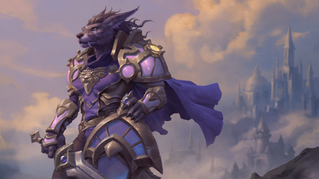 anthro armor blue_cape blue_clothing brown_body brown_fur cape city clothing cloud day fangs female fur hair holding_melee_weapon holding_object holding_sword holding_weapon looking_aside melee_weapon outside plate_armor shield solo sword teeth weapon joseph_weston blizzard_entertainment warcraft canid mammal werecanid werecreature worgen 16:9 absurd_res hi_res widescreen