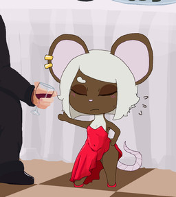 anthro blush blush_lines bodily_fluids brown_body brown_ears brown_fur clothing container countershading cup dress drinking_glass duo ear_piercing eyebrows eyelashes eyes_closed female footwear fur glass glass_container glass_cup green_eyes hair hand_on_hip long_tail mouse_tail piercing pink_inner_ear pink_nose pink_tail red_clothing red_dress red_slippers shoes short_hair slippers sweat sweatdrop tail thin_tail white_body white_countershading white_eyebrows white_fur white_hair wide_hips wine_glass commonbleat human mammal murid murine rat rodent hi_res