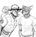 anthro bodily_fluids clothing group hat headgear headwear male military open_mouth saliva sharp_teeth shaved teeth yelling hladilnik united_states_marine_corps canid canine canis domestic_dog mammal black_and_white hi_res meme monochrome