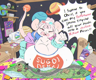 3d_glasses anthro big_breasts breasts cleavage clothed clothing dialogue eyewear eyewear_on_head female fur gesture glasses glasses_on_head hair half-closed_eyes hand_gesture huge_breasts jacket narrowed_eyes open_clothing open_jacket open_mouth open_topwear pink_body pink_hair pink_skin pointing pointing_at_viewer shirt solo speech_bubble t-shirt text topwear white_body white_fur dullvivid kimberly_(dullvivid) mammal mouse murid murine rodent english_text hi_res