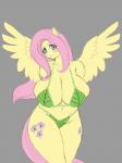 anthro big_breasts bikini blush breasts cleavage clothed clothing female huge_breasts leaf_bikini looking_at_viewer simple_background solo swimwear two-piece_swimsuit wings lurking_tyger friendship_is_magic hasbro my_little_pony mythology fluttershy_(mlp) equid equine mammal mythological_creature mythological_equine pegasus 3:4 hi_res