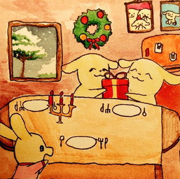 appliance box candle christmas_wreath container dining_room dining_table dish eyelashes family female fridge gift gift_box group happy holidays kitchen_appliance kitchen_utensils male photo picture_frame plant smile snow tools tree window toastedeh christmas bird_dog canid canine canis domestic_dog golden_retriever hunting_dog mammal retriever painting_(artwork) traditional_media_(artwork) watercolor_(artwork)