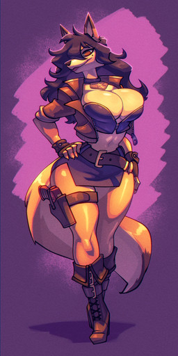 anthro big_breasts boots bottomwear breasts choker cleavage clothed clothing female fingerless_gloves footwear gloves gun hair hair_over_eye hand_on_hip handgun handwear jacket jewelry markings midriff mole_(marking) necklace one_eye_obstructed open_clothing open_jacket open_topwear ranged_weapon shoes skirt solo thigh_holster topwear weapon bigdad sly_cooper_(series) sony_corporation sony_interactive_entertainment sucker_punch_productions carmelita_fox canid canine fox mammal 2022 hi_res