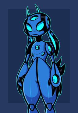 ambiguous_gender antlers blue_body femboy horn machine male omnitrix solo thick_thighs rubber2d ben_10 cartoon_network aj_jackalope alien evolved_sonorosian humanoid jackalope lagomorph mammal robot black_and_blue monochrome