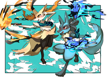 3_fingers 3_toes 4_fingers ambiguous_anthro ambiguous_gender anthro arm_tuft big_tail biped black_body black_fur black_nose blue_background blue_body blue_fur blue_tail blush border cheek_tuft chest_tuft claws cute_fangs digitigrade duo elemental_manipulation facial_tuft fangs featureless_crotch feet fingers fire fire_manipulation fluffy fluffy_tail front_view fur hip_tuft inner_ear_fluff mostly_nude mostly_nude_ambiguous mostly_nude_anthro multicolored_body multicolored_fur object_in_tail on_one_leg open_mouth open_smile orange_body orange_eyes orange_fur orange_inner_ear_fluff orange_nose pointy_ears prick_ears red_eyes scarf scarf_only shoulder_tuft simple_background smile snout spikes spikes_(anatomy) standing stick stick_in_tail tail teeth toe_claws toes tuft white_body white_border white_claws white_fur yellow_body yellow_fur yellow_tail izon448 nintendo pokemon pokemon_mystery_dungeon spike_chunsoft braixen canid generation_4_pokemon generation_6_pokemon lucario mammal pokemon_(species) 2023 absurd_res colored digital_drawing_(artwork) digital_media_(artwork) hi_res shaded