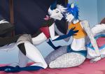 anthro bed blue_body blue_eyes blue_fur blue_hair bottomwear bracelet clothing crop_top duo femboy fur furniture grey_eyes hair imminent_sex jewelry kneeling male male/male markings navel pawpads shirt shorts sitting smile spots spotted_body spotted_fur topwear white_body white_fur white_hair ratatula benji_maycher canid canine canis domestic_dog felid husky hybrid leopard mammal nordic_sled_dog pantherine snow_leopard spitz wolf