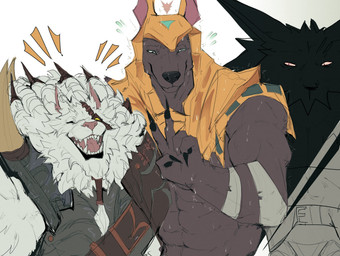 abs anthro armor bandage belt belt_buckle black_nose bodily_fluids brown_body brown_fur buckle clothed clothing emanata eyes_closed fangs fur gesture group group_photo hand_gesture headgear helmet horn male muscular muscular_male nervous nervous_smile nervous_sweat ominous open_mouth pink_nose selfie simple_background smile standing stare sweat sweatdrop teeth tongue topless topwear trio v_sign white_background white_body white_fur yellow_eyes na1su league_of_legends mythology riot_games tencent nasus_(lol) rengar_(lol) warwick_(lol) anubian_jackal canid canine canis felid jackal lion mammal mythological_canine mythological_creature pantherine werecanid werecanine werecreature werewolf wolf 2026 colored colored_sketch hi_res sketch