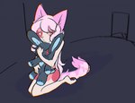 anthro brown_body brown_fur female fur hair holding_object holding_plushie kneeling pink_hair plushie sad sketch_background solo bloowolfy domestic_cat felid feline felis mammal 2022 sketch