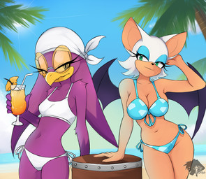 5_fingers anthro beach beak beverage bikini blue_bikini_bottom blue_bikini_top blue_eyelids blue_sky breasts cleavage clothed clothing collarbone day drinking_straw duo eyelashes feathers female fingers fur hair holding_beverage holding_object midriff monotone_bikini monotone_bikini_bottom monotone_clothing monotone_swimwear navel purple_body purple_feathers sky string_bikini sun swimwear tan_body tan_skin two-piece_swimsuit water white_bikini_bottom white_bikini_top white_body white_ears white_fur white_hair yellow_beak skyversa sega sonic_riders sonic_the_hedgehog_(series) rouge_the_bat wave_the_swallow avian bat bird hirundinid mammal oscine passerine swallow_(bird) 2025 absurd_res hi_res