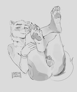 anthro butt feet foot_fetish foot_focus male presenting presenting_hindquarters soles solo sojusocks monochrome