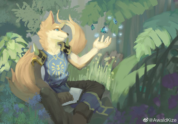 ambiguous_feral ambiguous_gender anthro blue_clothing blue_eyes blue_topwear blue_wings bottomwear brown_bottomwear brown_clothing brown_pants cheek_tuft clothed clothing facial_tuft feral front_view fur grass group male male_anthro mouth_closed neck_tuft orange_body orange_fur pants plant sitting text topwear tuft weibo_logo wings yellow_body yellow_fur awaldkize weibo arthropod butterfly canid canine insect lepidopteran mammal artist_name hi_res