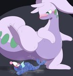 abstract_background after_vore ambiguous_gender animal_genitalia black_background blue_body blush bodily_fluids cloaca cloaca_juice cloaca_juice_string cloacal cloacal_vore covered_in_goo covered_in_slime duo feral generation_6_pokemon generation_7_pokemon genital_fluids genitals goodra green_eyes hand_on_belly hi_res interspecies larger_ambiguous larger_feral looking_down lying nintendo on_back open_mouth parupoke pear-shaped_figure pokemon pokemon_(species) popplio purple_body raised_leg semi-anthro simple_background size_difference smaller_ambiguous smaller_feral smile smirk spiral_eyes sweat tail thick_tail thick_thighs unbirthing vaginal vore wide_hips