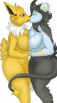 anthro breast_squish breasts breasts_frottage duo eeveelution featureless_breasts featureless_crotch female female/female french_kissing fur generation_1_pokemon generation_4_pokemon hand_holding jolteon kissing luxio nintendo pika9000 pokemon pokemon_(species) simple_background squish tail tongue