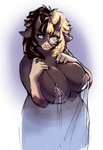 big_breasts blue_eyes breasts clothing female hair hand_on_breast horn looking_at_viewer multicolored_hair nightgown smile smiling_at_viewer solo translucent translucent_clothing two_tone_hair unknown_artist bovid bovine cattle mammal absurd_res hi_res