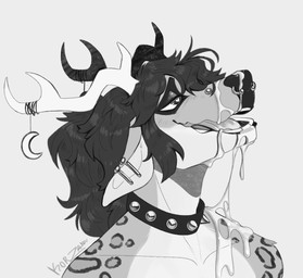 ambiguous_gender anthro antlers bodily_fluids collar cum cum_in_mouth cum_inside cum_on_face ear_piercing facial_piercing genital_fluids hair heart_pupils horn leopard_spots long_hair multiple_piercings nose_piercing piercing solo spiked_collar spikes spots korzakov deer mammal greyscale monochrome sketch