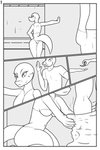 2:3 absurd_res anthro black_and_white bottomwear bottomwear_down clothed clothing comic dododragon56 dotted_background duo female hi_res kobold looking_at_another looking_back male male/female money monochrome offering_money pants pants_down partially_clothed pattern_background prostitution reptile scalie simple_background skimpy smile suggestive