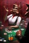 5_fingers alcohol anthro beverage brown_hair card card_deck card_game cigar cigarette cigarette_holder clock clothed clothing duo eyelashes eyeshadow female fingers fully_clothed gaming glass gold_(metal) gold_tooth hair half-closed_eyes holding_object long_hair makeup male narrowed_eyes necktie notched_ear poker poker_chip poker_table scar sharp_teeth shirt smile smoke smoking suit_symbol suspenders teeth topwear watch wristwatch nyamus canid canine canis domestic_dog fish mammal marine shark 2022 hi_res