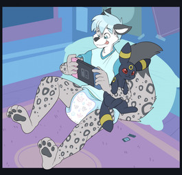 4_toes 5_fingers ambiguous_gender anthro black_border black_nose blue_clothing blue_hair blue_shirt blue_topwear border clean_diaper clothed clothing detailed_background diaper dipstick_tail feet fingers fur gaming grey_body grey_fur grey_pawpads grey_tail grey_tail_tip hair high-angle_view holding_object holding_plushie markings on_pillow pawpads pillow plushie pokemon_plushie poster rug shirt sitting smile solo spots spotted_body spotted_face spotted_fur spotted_markings spotted_tail tail tail_markings toes tongue tongue_out topwear wearing_diaper white_body white_fur white_inner_ear bubblepuppers nintendo nintendo_switch pokemon greypupbw canid canine canis eeveelution felid generation_2_pokemon hybrid mammal pantherine pokemon_(species) snow_leopard umbreon wolf 2021 full-length_portrait hi_res portrait