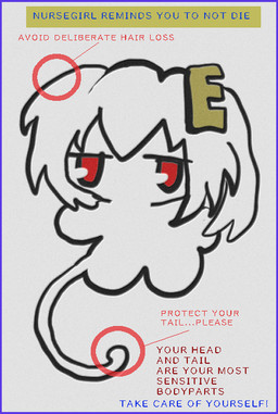 2000s_anime_style accessory ambiguous_gender anime_style blue_border border chibi hair hair_accessory simple_background solo tail text toony yogurt200 8eyes rgb_paw girl_(8eyes) humanoid biological_illustration digital_media_(artwork) english_text official_art sketch technical_illustration