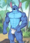 5_fingers abs anthro anthrofied big_muscles biped black_eyes blue_body blue_claws blue_fur blue_nose blush blush_lines bulge claws clothed clothing fingers fur grin hand_on_hip head_tuft humanoid_hands looking_at_viewer male muscular muscular_anthro muscular_male nipples notched_ear outside palm_tree pecs plant pubes smile solo standing thick_thighs tree tuft underwear underwear_only reiner55 disney lilo_and_stitch stitch_(lilo_and_stitch) alien experiment_(lilo_and_stitch) 2021 hi_res portrait signature three-quarter_portrait