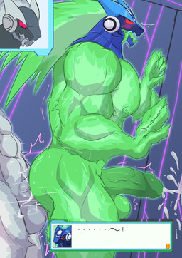 abs anal anal_penetration anthro armor balls barazoku biceps big_bulge big_muscles bodily_fluids bulge cum cum_on_wall cumshot cybernetics duo ejaculation genital_fluids genitals green_body grey_body humanoid_genitalia humanoid_penis machine male male/male muscular muscular_anthro muscular_male nipples nude open_mouth penetration penis precum red_eyes sex standing standing_sex sweat sweatdrop text tongue tongue_out vein veiny_penis geryorias capcom mega_man_(series) mega_man_star_force omega-xis alien cyborg em_being absurd_res hi_res