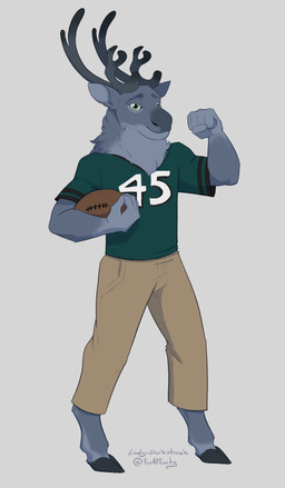 antlers ball football_jersey football_player fur green_eyes grey_body grey_fur holding_ball holding_object horn male neck_tuft tuft lady-darkstreak deer mammal new_world_deer reindeer absurd_res hi_res trans_(lore) trans_man_(lore)