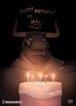 anthro band-aid bandage biped birthday_cake black_background brown_eyes cake candle dessert dialogue embers eyebrows food happy_birthday horn humanoid_hands male mouth_closed muscular muscular_anthro muscular_male page_number scar simple_background smile solo tail text argosornstein hercules_(argosornstein) bovid bovine cattle mammal absurd_res comic english_text hi_res url