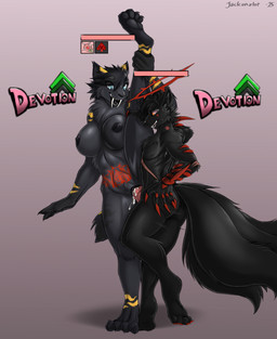 4_tails 4_toes 5_fingers anthro anthro_on_anthro anthro_penetrated anthro_penetrating anthro_penetrating_anthro ballerina_position black_body black_fur black_hair black_nose black_pawpads bodily_fluids breasts butt cum cum_in_vagina cum_inside debuff duo fangs feet female female_anthro female_penetrated fingers flexible fur gameplay_mechanics genital_fluids genitals gui hair health_bar heart_symbol hindpaw humanoid_hands impregnation interspecies knot knotted_penis male male/female male_anthro male_penetrating male_penetrating_female multi_tail navel nipples nude nude_anthro nude_female nude_male one_leg_up ovum ovum_with_heart pawpads paws penetration penile penile_penetration penis penis_in_vagina raised_leg sabertooth_(anatomy) sex sperm_cell splits spread_legs spreading standing standing_sex sweat tail teeth toes vaginal vaginal_penetration vertical_splits vulva womb_tattoo jackunator canid canine canis felid mammal prehistoric_species saber-toothed_tiger wolf hi_res