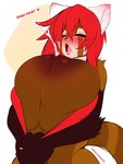 anthro areola big_breasts bodily_fluids breasts brown_body brown_fur eyes_closed female fur hair huge_breasts lactating milk nipples red_hair solo text sagestrike2 tiffany_lin ailurid mammal red_panda 2023 3:4 english_text hi_res