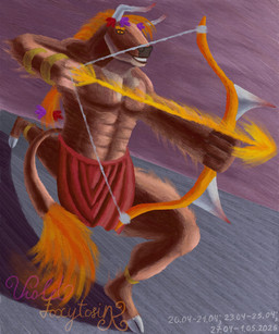 abs anthro arrow_(weapon) bottomwear bow_(weapon) clothed clothing gold_(metal) gold_jewelry hair hooves horn jewelry loincloth loincloth_only male muscular muscular_male orange_eyes orange_hair pecs ranged_weapon simple_background solo tail topless weapon violet_foxytosin ilios_(hasherino) bovid bovine cattle mammal 2026 dated digital_media_(artwork) hi_res krita_(artwork) signature