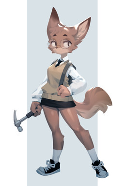 4_fingers adolescent anthro backpack bottomwear breasts brown_body brown_fur clothed clothing eyewear female female_anthro fingers footwear fur glasses hair hammer holding_hammer holding_object holding_tool kemono multicolored_body multicolored_fur round_glasses school_uniform shirt shoes skirt sneakers socks solo tail tan_body tan_fur tan_hair tools topwear uniform vest wearing_glasses young young_anthro young_female choecoga canid canine fennec_fox fox mammal true_fox 2024 absurd_res digital_media_(artwork) full-length_portrait hi_res portrait