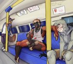 anthro balls bhodi blush bodily_fluids canid canine canis clothing cum cumshot ejaculation genital_fluids genitals group haplorhine hi_res looking_pleasured male mammal masturbation monkey open_mouth primate public public_masturbation public_nudity public_transportation shirt shy sitting subway tank_top topwear trashy_jokester trio vehicle wagon wolf