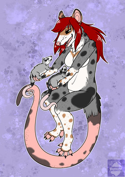 alternate_species anthro breasts female feral group hair holding_animal long_hair size_difference spots trio arwenscoots conditional_dnp arwen american_opossum mammal marsupial virginia_opossum hi_res