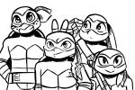 anthro bunny_ears_(gesture) clothed clothing elbow_pads freckles gesture group hand_wraps kerchief looking_at_viewer male mask notched_shell shell simple_background smile standing white_background wraps wrist_wraps inkyfrog teenage_mutant_ninja_turtles donatello_(tmnt) leonardo_(tmnt) michelangelo_(tmnt) raphael_(tmnt) reptile scalie turtle 2017 3:2 black_and_white monochrome