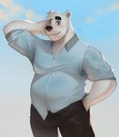 anthro belly black_nose blush bodily_fluids bottomwear clothing male overweight overweight_male pants shirt solo sweat topwear white_body huzzhuz aggretsuko sanrio shirota_(aggretsuko) bear mammal polar_bear ursine 2022 hi_res