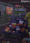 anthro chips_(food) clothing detailed_background food gloves group hammock handwear kerchief male pink_body potato_chips purple_body sleeping trio bapotrix bandai_namco digimon chuumon digimon_(species) impmon sukamon absurd_res hi_res