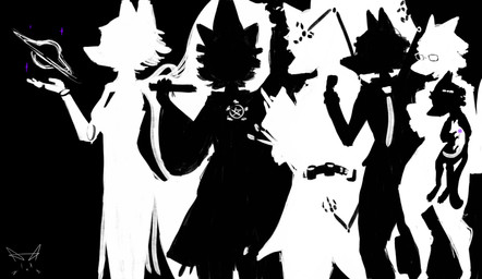 age_progression alternate_form anthro belt black_hole clothing coat digitigrade dress eyewear female glasses group hair hat headgear headwear jewelry long_dress long_hair machine minimalist necklace negative_space parchment robotic_arm robotic_arms short_hair silhouette slim stylized symbol symbolic symmetry tail topwear witch_hat 10ne-v alexa_(10ne-v) canid canine canis coyote fox mammal robot absurd_res alternate_version_at_source black_and_white flat_colors hi_res high_contrast monochrome