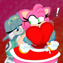 accessory anthro big_breasts bottomwear bouncing_breasts breast_grab breast_jiggle breast_squish breasts clothing crop_top dress duo exclamation_point eyelashes female female/female fingers fur gloves grabbing_both_breasts grabbing_from_behind green_eyes hair hand_on_another's_breast hand_on_breast handwear headband huge_breasts jewelry jiggling lips multicolored_body multicolored_fur necklace pink_body pink_fur pink_hair red_background shirt simple_background skirt smile squish standing surprised tan_body tan_fur topwear 3barts sega sonic_adventure sonic_the_hedgehog_(series) amy_rose tikal_the_echidna echidna eulipotyphlan ghost hedgehog mammal monotreme spirit 1:1 2021 absurd_res digital_media_(artwork) hi_res