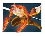 abs anthro armor bandage bandaged_foot biceps big_muscles bracers clothed clothing dipstick_tail dual_wielding fire flaming_weapon fur gloves_(marking) glowing glowing_eyes holding_object holding_weapon male markings melee_weapon multicolored_body multicolored_fur multicolored_tail muscular muscular_anthro muscular_male nipples open_mouth pecs red_body red_fur sash solo sword tail tail_markings teeth topless topless_male two_tone_body two_tone_fur weapon white_body white_fur marioferro zilch1998 teofacio_larna canid canine fox mammal 2019