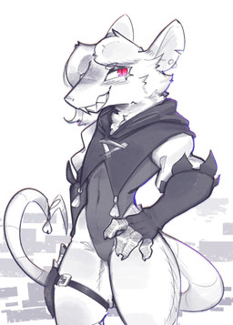 anthro biped clothed clothing ear_piercing eyebrows female gloves handwear piercing pink_eyes pupils rodent_tail sharp_teeth simple_background slit_pupils smile smirk solo standing teeth three-quarter_view c3ilin warhammer_(franchise) snikch_(c3ilin) mammal rodent skaven hi_res