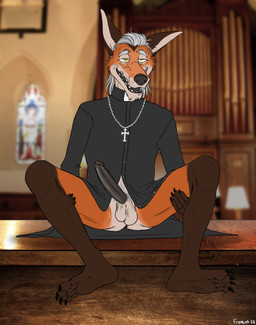 anthro balls cassock christian_cross christian_symbol church clerical_collar clothed clothing cross crucifix elderly elderly_male erection fur genitals grey_hair hair humanoid_genitalia humanoid_penis jewelry male mature_anthro mature_male necklace penis priest religion religious_symbol solo white_hair droptineart christianity virgil_(foxmusk) canid canine canis mammal maned_wolf hi_res