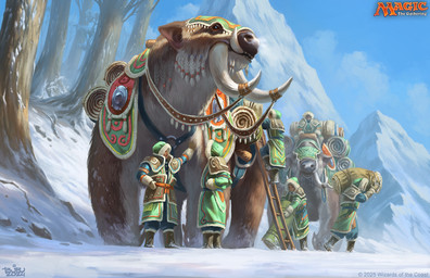 ambiguous_gender brown_body brown_fur clothing detailed_background feral forest fur green_clothing green_jacket green_topwear group jacket ladder male mountain plant riding size_difference snow standing topwear tree tusks brian_valeza hasbro magic:_the_gathering wizards_of_the_coast bear human hybrid mammal pilosan sloth xenarthran 2024 digital_media_(artwork) hi_res official_art