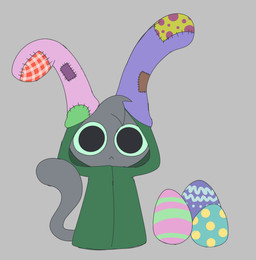 cloak clothed clothing easter_egg egg fake_ears fake_rabbit_ears green_clothing grey_background grey_body holidays looking_at_viewer male silly simple_background solo tail gooblie_2 easter isaac_(gooblie_ii) domestic_cat felid feline felis mammal absurd_res hi_res